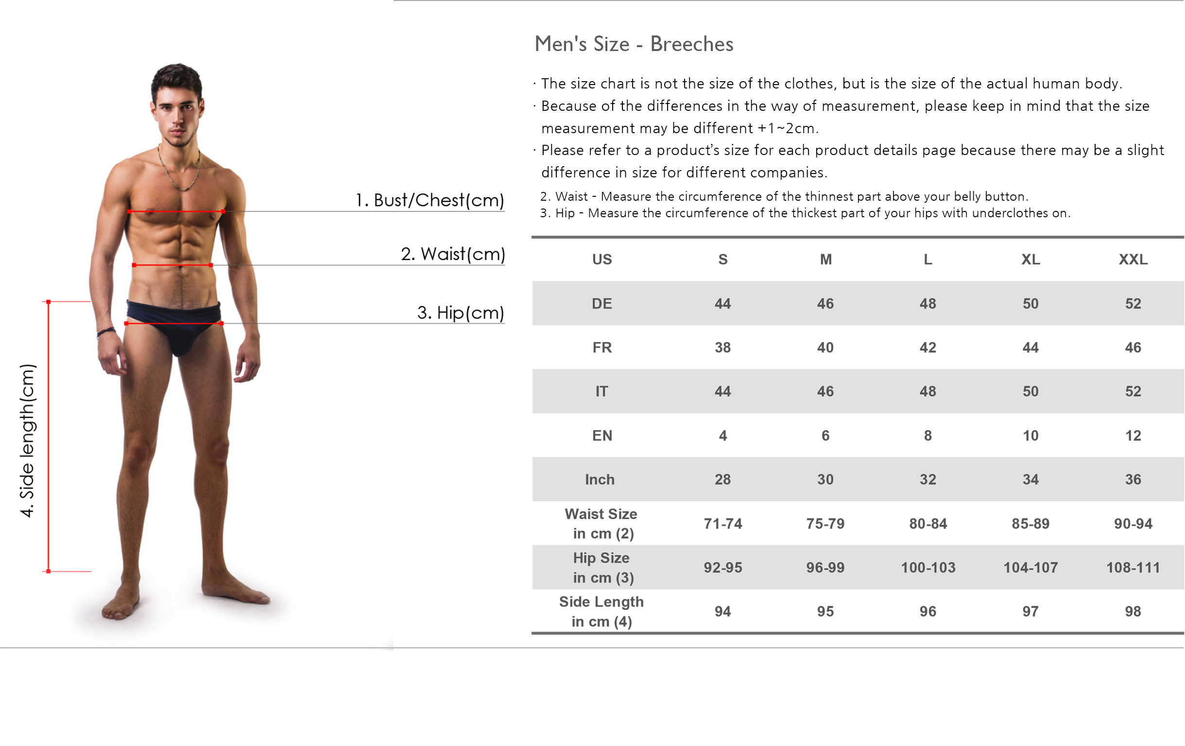 Equiline Breeches Size Chart